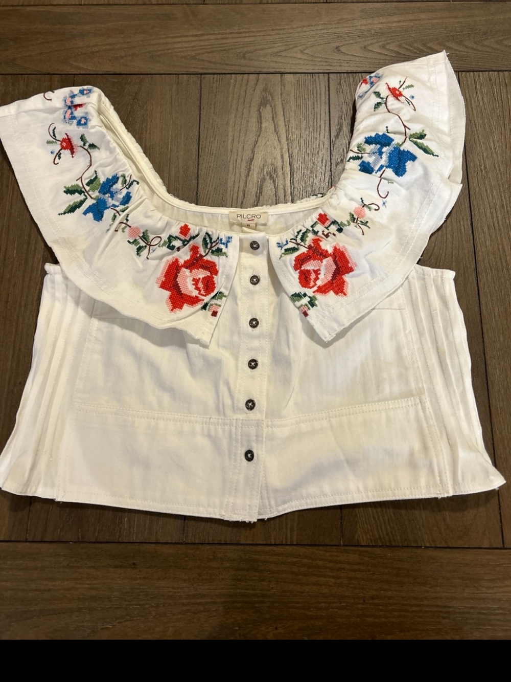 Pilcro White Embroidered Ruffle Camisole with Red and Blue Florals